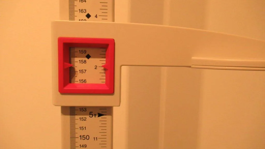 A stadiometer displaying the height 5 feet 2 inches