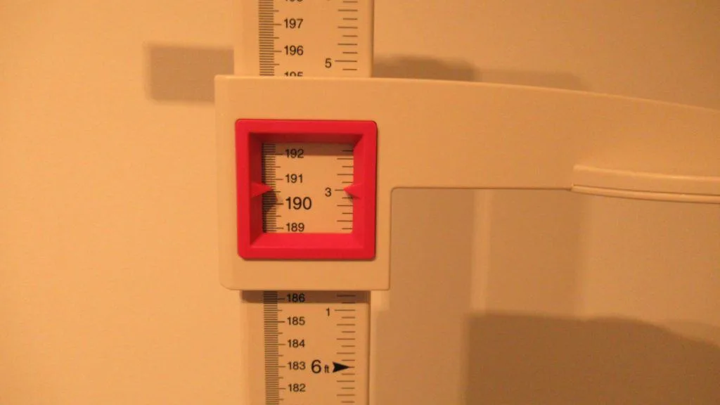 A stadiometer displaying the height 6 feet 3 inches