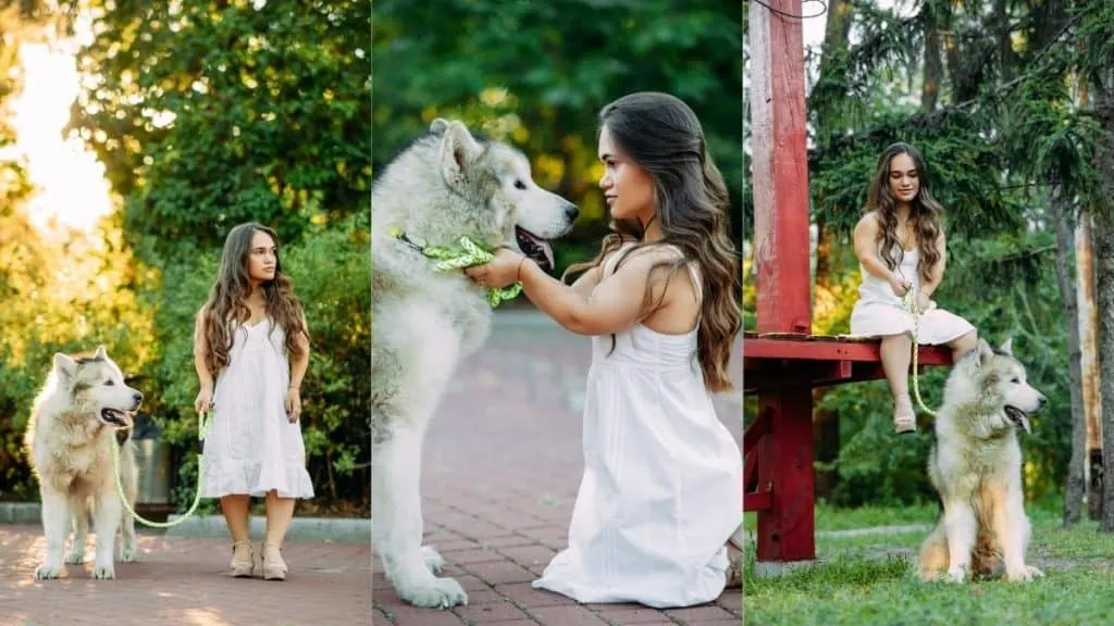 A short woman with her dog